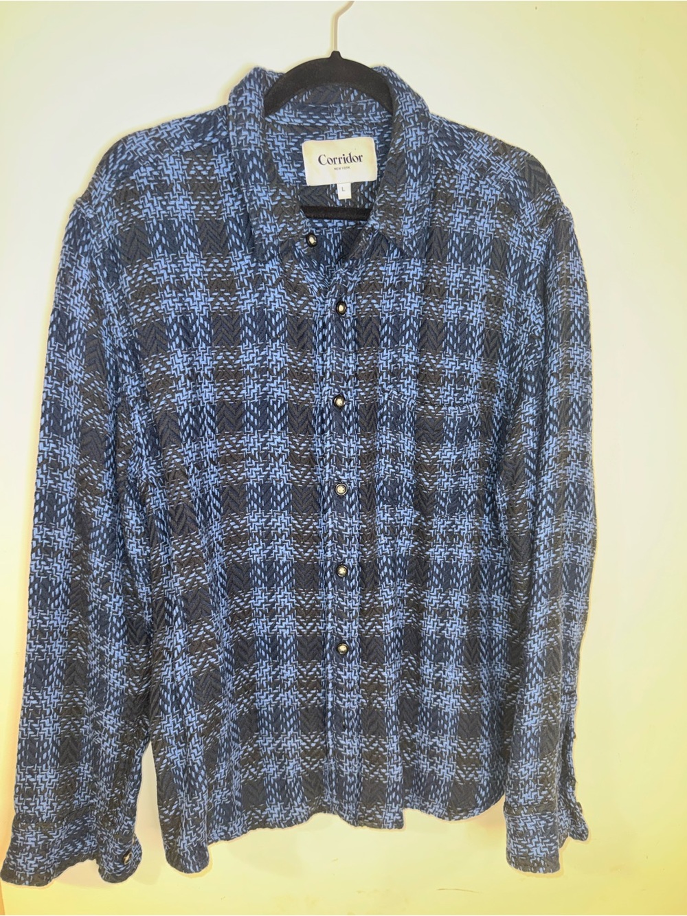 Corridor New York Men’s L Blue Black Geometric Herringbone Woven Shirt